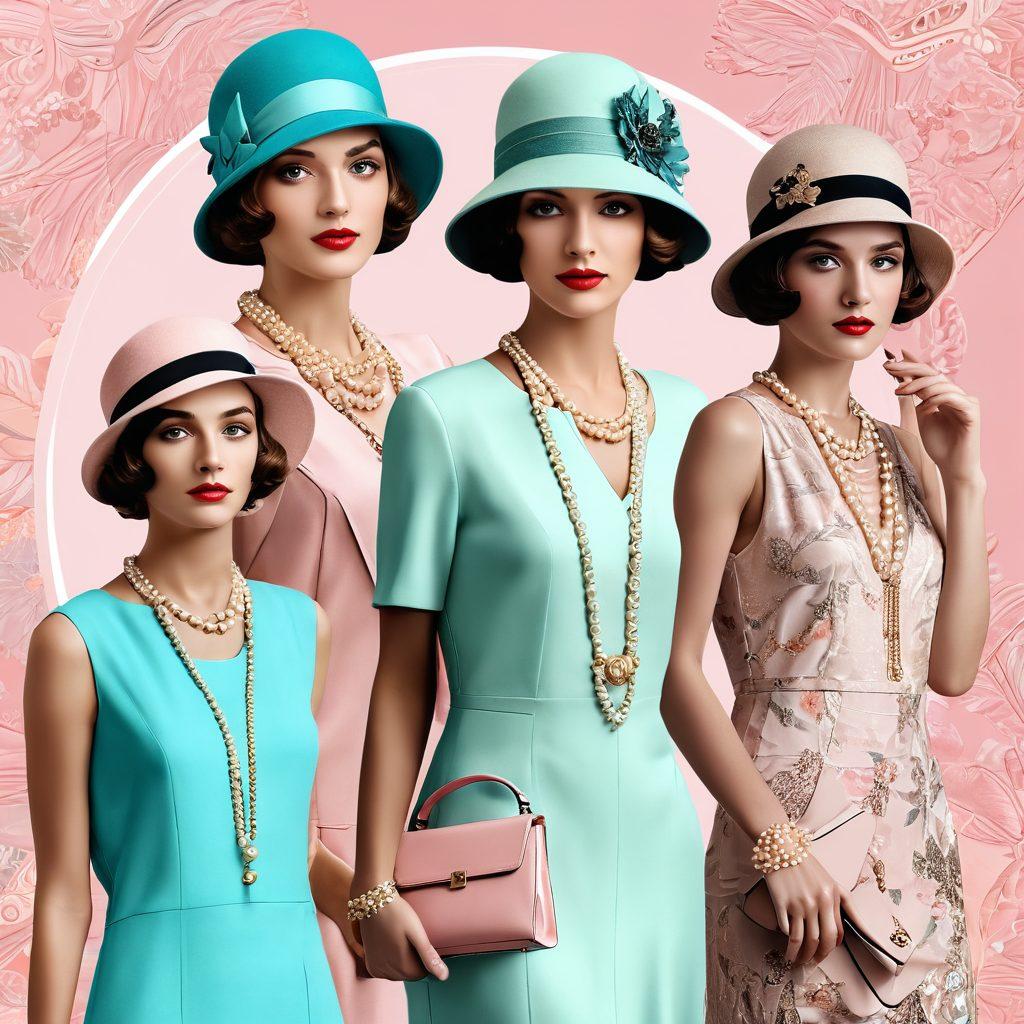 A stunning collage showcasing the evolution of fashion for elegant ladies, featuring a split scene: the left side with retro styles like flapper dresses and classic hats, and the right side showcasing modern chic outfits and accessories. The background transitions from a vintage pattern to a sleek, minimalistic design, filled with soft pastel colors. Include a hint of accessories, such as pearls and modern bags, intertwined in the composition to highlight the timelessness of elegance. vibrant colors. 3D.