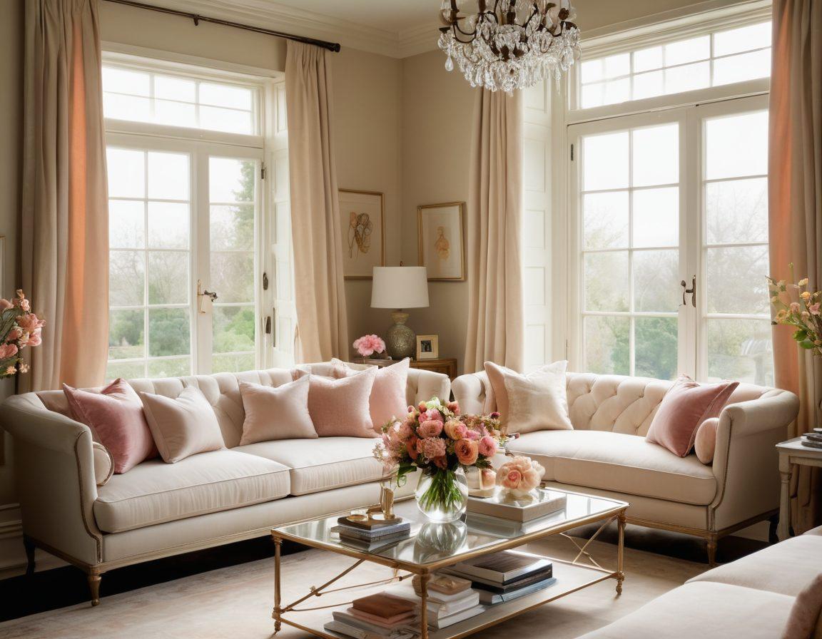 A serene living room filled with elegant decor, featuring a plush sofa draped in soft fabrics, surrounded by chic feminine fashion items like stylish dresses and accessories, bathed in warm natural light streaming through large windows. A subtle floral arrangement on a coffee table adds a touch of grace. The setting radiates sophistication and joy. super-realistic. vibrant colors. cozy atmosphere.