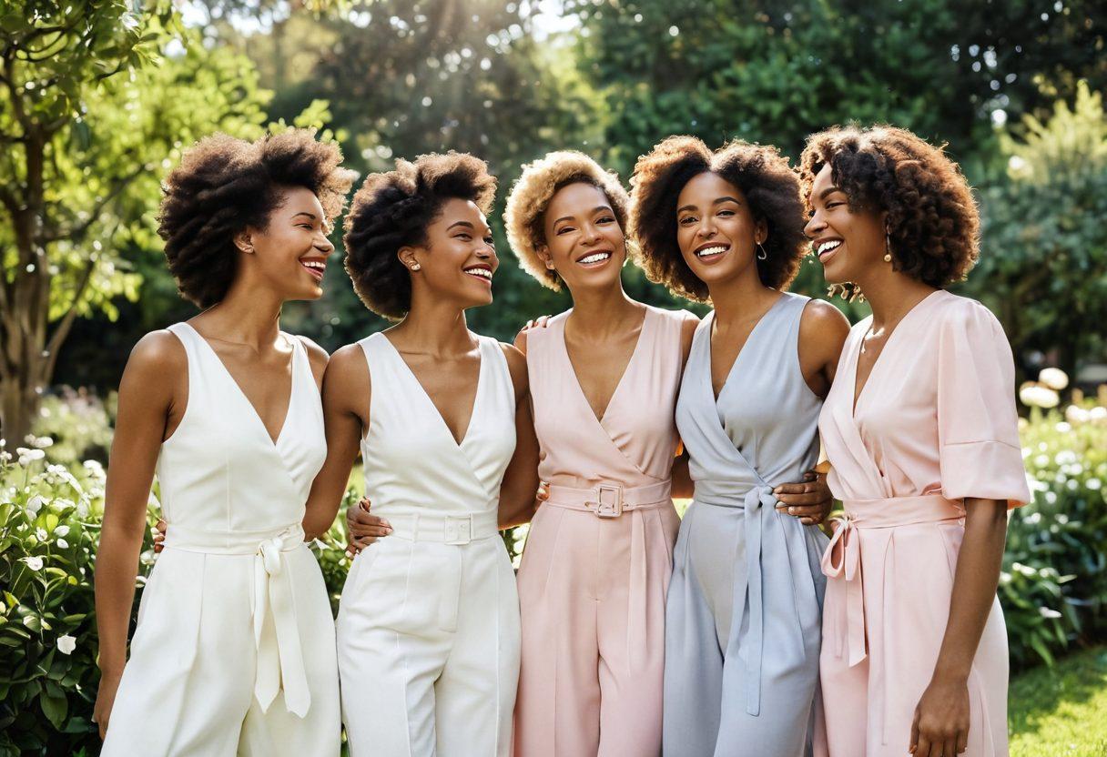 A serene scene featuring a diverse group of joyful women, each wearing elegant, timeless fashion outfits that blend classic styles with modern twists. The background is a lush garden filled with blooming flowers, symbolizing grace and beauty. Soft, warm lighting enhances the joyful atmosphere, capturing the essence of elegance. The women are laughing and interacting, radiating positivity and style. super-realistic. vibrant colors. soft focus.